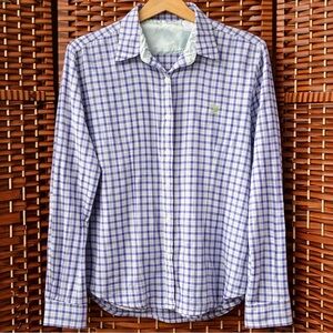 Women’s 20X Button down Size L Blue White Green and sparkle silver Plaid Shirt